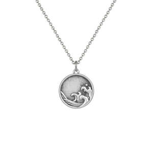 Collier Antique en argent avec vagues de mer et d'océan pour femmes, collier de voyage hawaïen avec pendentif circulaire de plage - Product Image 1