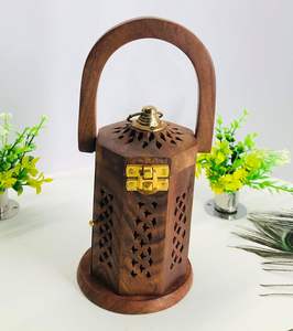 Handcrafted 30 cm Brown Wooden Hexagon Lantern Handle Perforated Design 2-color Printed <b>Tea</b> <b>Light</b> Holder for Christmas Easter - Product Image 3