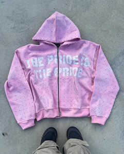 Fabricante personalizado Rhinestone puntiagudo desgastado parche bordado Unisex Sudadera con capucha apliques Vintage ácido lavado Zip Up sudaderas con capucha - Product Image 2