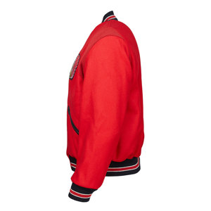 Chaqueta con letras rojas de béisbol bordadas con manga de cuero y lana con hombros caídos Unisex de diseño personalizado más vendida - Product Image 3