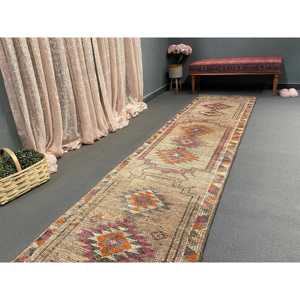 Tapis turc vintage Herki 2,6x11,4 pieds, tapis de couloir marron camouflage en laine - Product Image 5