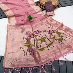 Sari de Algodón Muga Puro VASTRA COTTAGE con Diseño Meenakari en Toda la Superficie, Pallu Meenakari Rico, Borde Tradicional Zari y Borlas - Product Image 6