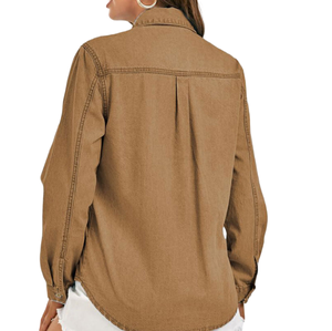 เสื้อเชิ้ตเดนิมดีไซน์ล่าสุดสำหรับผู้หญิง พร้อมบริการ OEM เสื้อผ้าแนวใหม่สำหรับกิจกรรมกลางแจ้ง ระบายอากาศได้ดี สีพื้น เสื้อเชิ้ตเดนิมสำหรับผู้หญิง - Product Image 2