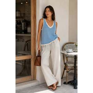 Blouse en tricot à col en V double - Bleu - Bleu - Product Image 1