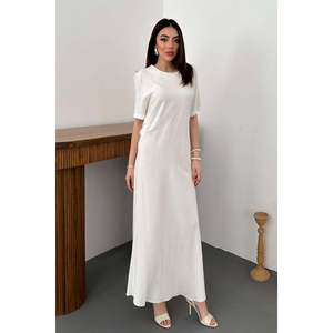Robe plissée à col rond couleur écru - Ecru - Product Image 1