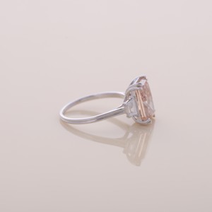 IGI Certified Radiant Cut Peach Pink Lab Diamond Three Stone <b>Ring</b> with Trapezoi Side Diamonds in 9K White/Rose/Yellow Gold - Product Image 4