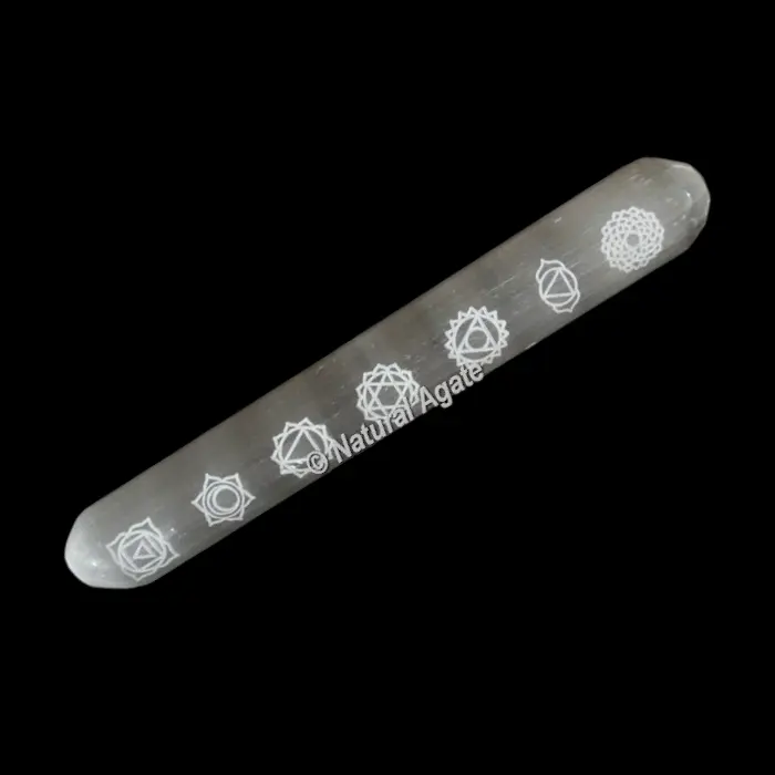 Simboli Chakra incisi su bacchetta di Selenite 7 chakra healing Wand pietre naturali e cristalli bacchette di pietre preziose