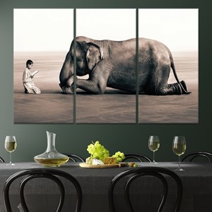 Tableau sur toile imprimé représentant un éléphant et un garçon lisant, décoration moderne, toile enveloppée 3P - Product Image 1