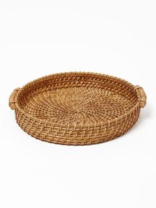 Plateau arrondi en rotin fabriqué à la main avec poignées Petit design rustique pour la cuisine à manger Assiette décorative pour servir des collations - Product Image 5