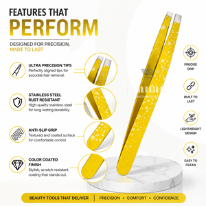Pince à épiler sourcils de qualité supérieure en acier inoxydable, pointe inclinée, outil de beauté de précision pour l'épilation, antidérapant, revêtement jaune - Product Image 3