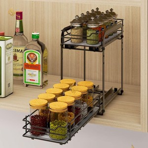 <b>Spice</b> <b>Organizer</b> Kitchenware <b>Racks</b> Top Selling Handmade Countertop Masala Jars Shelving Units 2 Layers Black Color Iron <b>Racks</b> - Product Image 2