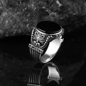 New Arrival Azuris VALKH1030 925 Sterling Silver Men's <b>Ring</b> Ottoman Style with Natural <b>Aqeeq</b> Stone Handmade in Turkey - Product Image 1