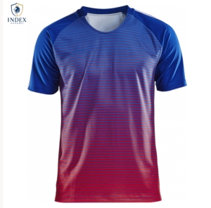 INDEX APPAREL Men's Sublimated Soccer Jersey Crew Neck Short Sleeve Blue Red Striped Moisture Wicking <b>Athletic</b> Fit - Product Image 1