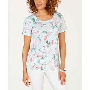 เสื้อยืดคอกลมผู้หญิง Karen Scott ไซส์กลาง สีน้ำเงิน ผ้าเจอร์ซีย์ระบายอากาศ พิมพ์ลายดิจิทัล ทรงพอดีตัว - Product Image 1