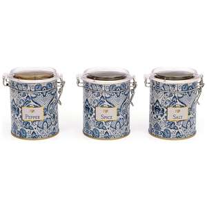 Ensemble de boîtes rondes en métal Kontensan (lot de 3) Dia 90x100mm Fermoir à fil Couvercle transparent Inspiré de l'azulejo Bleu et blanc Décoratif - Product Image 1