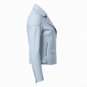Veste de moto en cuir véritable bleu clair pour femmes, vente en gros personnalisée, prix d'usine, style motard authentique, manteau pour femmes, OEM ODM - Product Image 4
