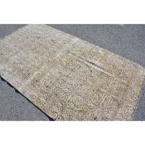 Tapis turc vintage classique Beige 4.6x8.2 pieds fait à la main en peluche hauteur laine fourrure Latex Patchwork Rectangle pour chambres d'adolescents - Product Image 4