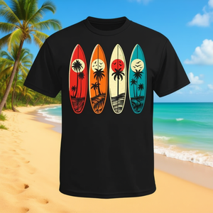 T-shirt unisexe à col rond et manches courtes, motif tropical Hawaï Palm Surfboard Retro Surf, design sur le thème de la plage - Product Image 3