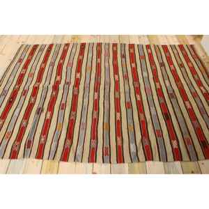 Tapis turc vintage, tapis de 5,6 x 8,4 pieds, tapis en laine rayé rouge et gris - Product Image 2