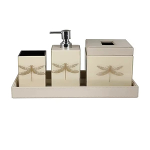 Ensemble de salle de bain en résine crème motif libellule dorée fini en résine pour la vanité de la maison et l'utilisation élégante de l'Inde - Product Image 1