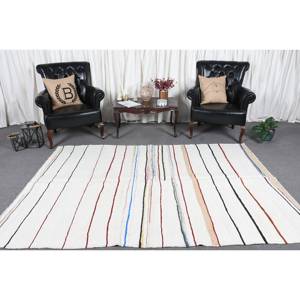 Tapis moderne en laine blanche de 5.4x8,1 pieds à rayures turques et patchwork pour décorations de salon soutenu en latex - Product Image 2