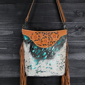 Western Style Genuine Cowhide <b>Fur</b> Leather Turquoise Foil Crossbody Bag Hand Tooled Floral Carved Fringes Purse Fashion Sling Bag - Product Image 1