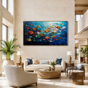 Peinture murale moderne, poisson coloré peint à la main, toile, scène sous-marine, océan, texture, décoration intérieure pour salon, hôtel - Product Image 2