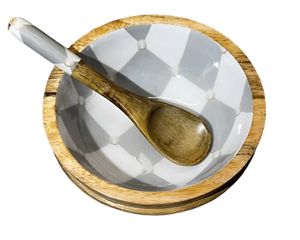 Bol à carreaux en argent en bois de manguier bols à salade en bois décoratifs faits à la main avec ustensiles de service accessoire de salle à manger en bois - Product Image 1