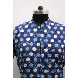 <b>Women's</b> Reversible Blue Kantha Stitch Cotton <b>Jacket</b> Floral Print <b>Lightweight</b> <b>Bomber</b> Style Patchwork Decoration Short Leather - Product Image 2