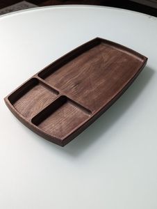 Plateau de service en bois de noyer noir long, plateau en forme de bateau, plat à nourriture, assiette, serveur de collations rustique, organisateur de table décoratif - Product Image 4