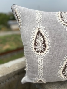 <b>Grey</b> 100% linen Hand Embroidered Decorative <b>Sofa</b> Backrest Pillow Case Handmade Designer Throw Pillow <b>Cover</b> At Best Price - Product Image 3