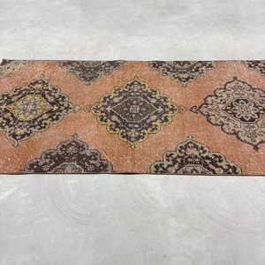 3x6.7 ft Vintage Accent Rug, <b>Brown</b> Yellow Turkish Ikat <b>Wool</b> Rug - Product Image 4