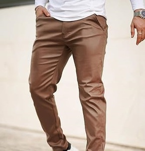 Pantalon en cuir véritable pour homme, couleur marron uni, taille haute, coupe droite, style régulier, fermeture éclair non tissée, anti-rides - Product Image 5