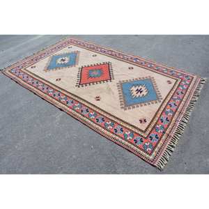 Traditionnel Beige Bleu 5.5 X 8.9ft Grande Surface Écologique Moyen Pile Aubusson Laine Tapis Vintage Turc Patchwork Salle À Manger - Product Image 2