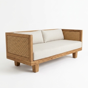Our Modern Furniture Aswattha Visionary Solid Wood Double Sofa Elegant Woven Rattan Panel Loveseat For Living Room Setup Art - Product Image 1