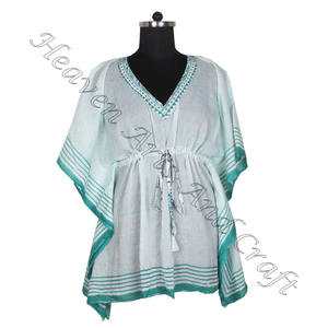 100% algodón Mujer ropa de dormir bloque de mano estampado Kaftan vestido KFCS094 peso ligero mujeres Casual ocasión desgaste corto caftán vestido - Product Image 2