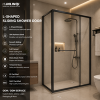 Porte de douche coulissante en L encadrée moderne, avec cadre en aluminium et panneau en verre de sécurité, pour salles de bain d'angle d'hôtels et villas