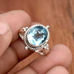 Joyería de boda de Plata de Ley 925 de alta calidad, piedras preciosas naturales para anillos de Topacio Azul suizo con ajuste de bisel geométrico diario - Product Image 3