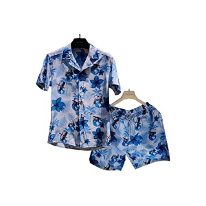Relaxed Fit Summer Shirt and Shorts Set for Men White and Blue Leaf Patterned Short Sleeve & Loose Collar - Product Image 2