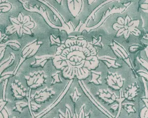 蓝绿色和白色印度花卉手块印花100% 纯棉布面料庭院窗帘枕头靠垫