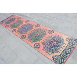 Turkish Vintage <b>Runner</b> Rug 2.7x10.4 ft, <b>Red</b> Blue Bordered Wool Rug - Product Image 2