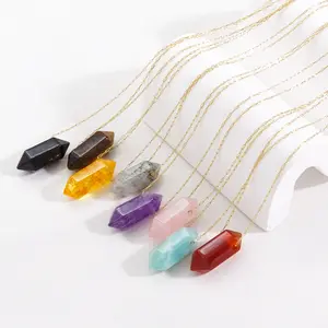 총알 천연석 목걸이 요가 요법 행복한 육각 콘 여러 가지 빛깔의 보석 스테인레스 스틸 목걸이