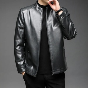 Hombres Otoño Invierno Negro Faux Fur Abrigo de cuero real de gran tamaño de manga larga con cremallera Stand Collar Chaqueta gruesa - Product Image 6