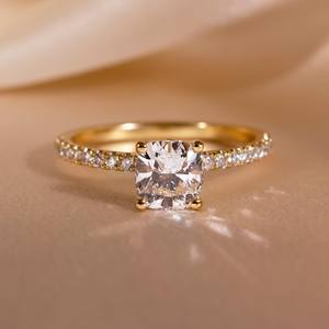 7mm Cushion Cut Diamond Engagement <b>Ring</b> | <b>Solitaire</b> Pave Band Bridal Wedding <b>Ring</b> | Sterling <b>Silver</b> 18K Gold Plated <b>Ring</b> - Product Image 1