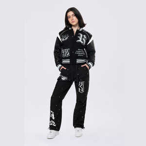 2025 Custom <b>Black</b> Stone Varsity <b>Jackets</b> for Women High Quality Leather Sleeve Chenille Embroidery Breathable <b>Crop</b> Top Varsity - Product Image 4