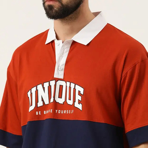 T-shirt rouge en pur coton imprimé à col polo pour hommes, chemise boutonnée à manches courtes légèrement extensible pour l'été, vêtements d'extérieur - Product Image 4