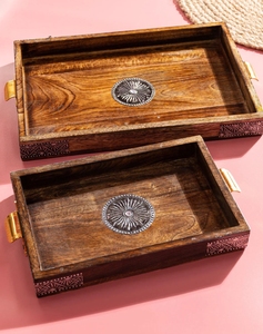 Wooden Serving Tray Set of 2 Vintage look with stylish brass Rustic Decorative Ottoman & Coffee Table Tray Kitchen Home Decor - Product Image 4