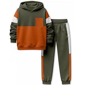 Color Block moda dos tonos chándal polar algodón Jogging ropa deportiva niños pantalones con capucha 2 uds chándal trajes de sudor - Product Image 1