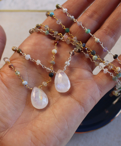 Rainbow Moonstone Pear Gemstone Beaded Chain Necklace Bohemian 925 <b>Sterling</b> <b>Silver</b> Gold Plated Handmade Pendant Necklace Jewelry - Product Image 5