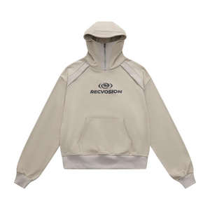 Sweat à capuche demi-zip col montant en molleton 100% coton, patchwork, personnalisé, de haute qualité, pour homme, avec logo imprimé et broderie, collection automne - Product Image 1